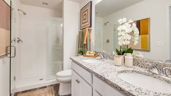 A bathroom with a marble countertop and a glass shower stall.